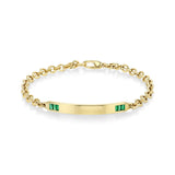 Emerald baguette tipped petite ID bracelet with triggerless lobster clasp on micro link chain